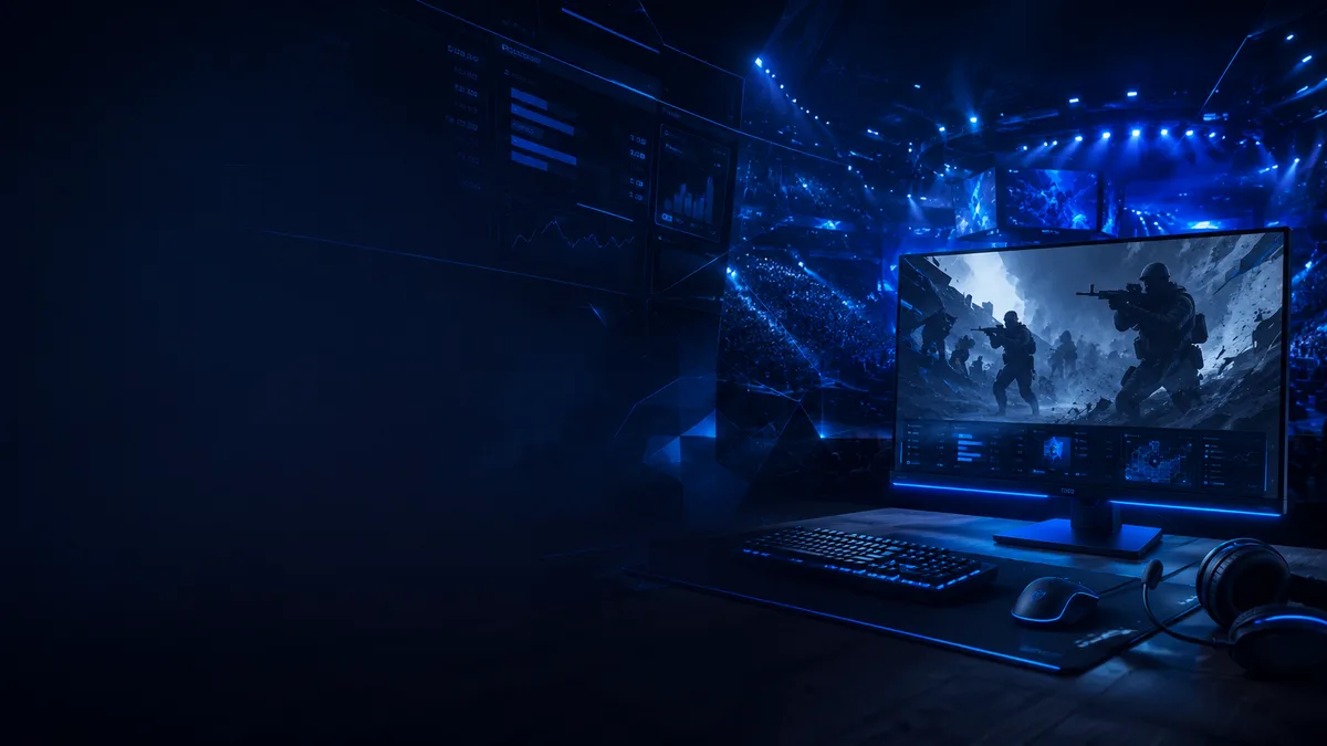 Esports arena with gaming PC setup and stage lights