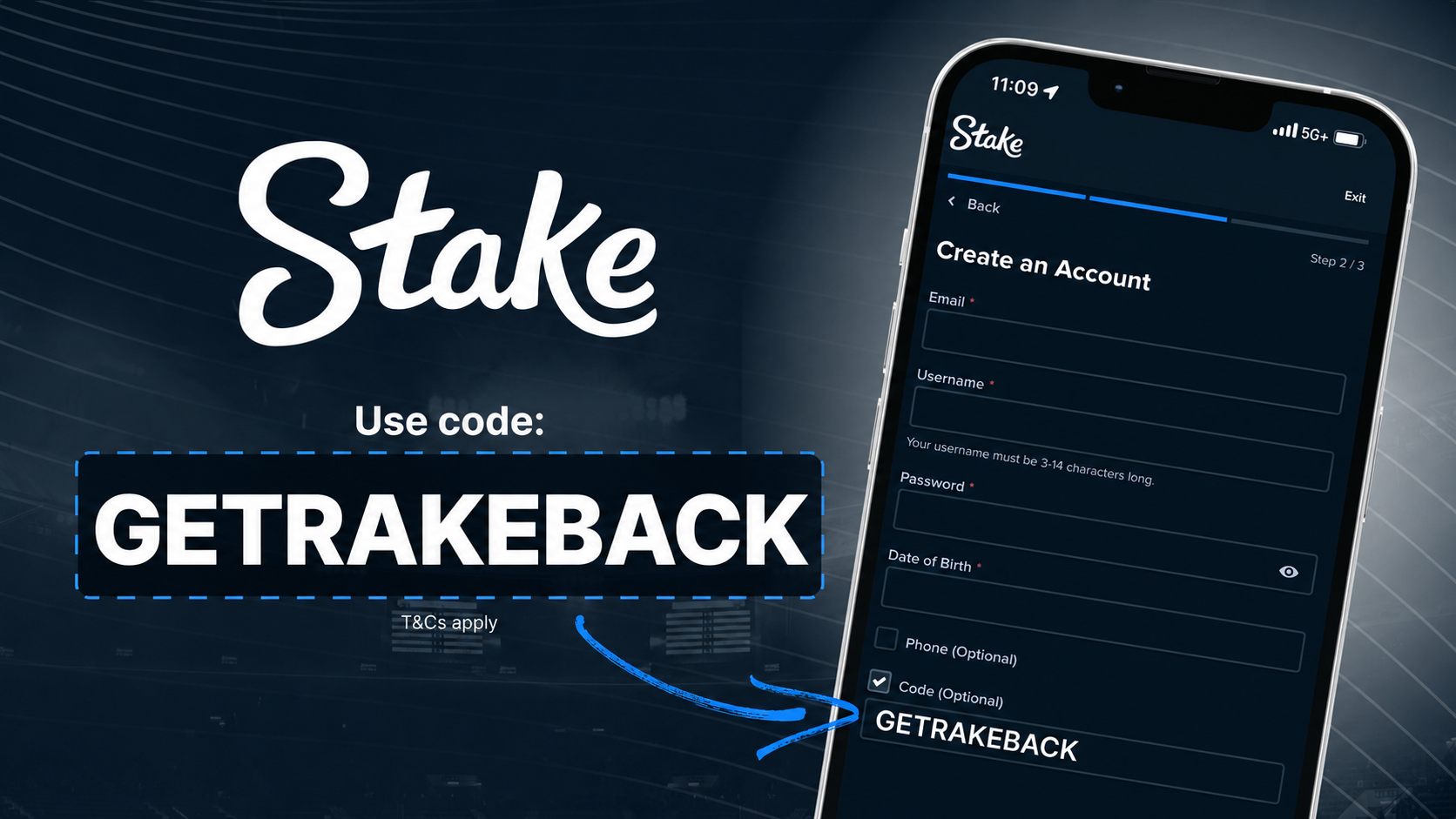 Step-by-step guide showing how to enter the GETRAKEBACK promo code on Stake
